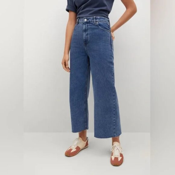 MNG Mango Denim High Waist Raw Hem Wide Leg Carol Jeans Lt Wash(B7) - Picture 1 of 5